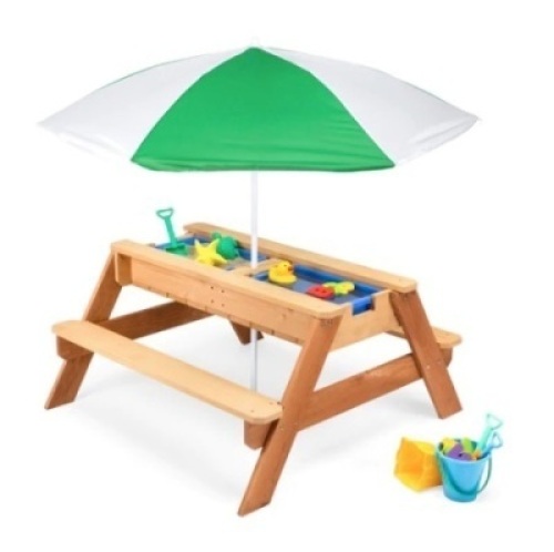 3-in-1 Kids Sand & Water Table Outdoor Wood Picnic Table w/ Umbrella, Green, Appears New
