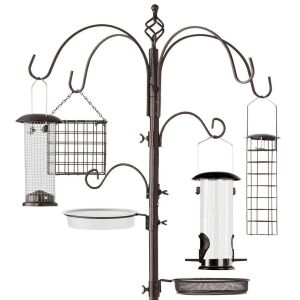 Bird Feeding Station, 6-Hook Steel Multi-Feeder Stand w/ 4 Feeders - 89in