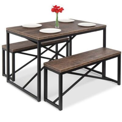 3-Piece Bench Style Dining Furniture Set w/ 2 Benches, Table - 45.5in