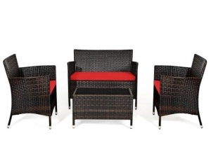 4-Pieces Rattan Patio Furniture Set with Red Cushions, Appears New, Retail $408.00