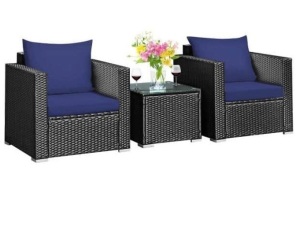 3-Piece Metal Plastic Wicker Patio Conversation Set with Navy Cushions, Appears New, Retail, $657.36