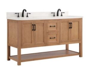 allen + roth  Harwood 60-in Natural Undermount Double Sink Bathroom Vanity with White and Gray Quartz Top