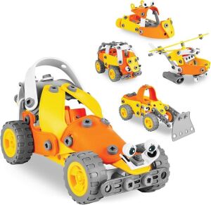 Kids 147-Piece 5-in-1 Educational STEM Building Toy Kit, Engineering Play Set w/ Race Car, Helicopter, Boat, Bulldozer, Truck, Carrying Bag
