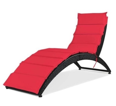 Black Rattan Folding Wicker Outdoor Chaise Lounge Chair with Red Cushion, Appears New