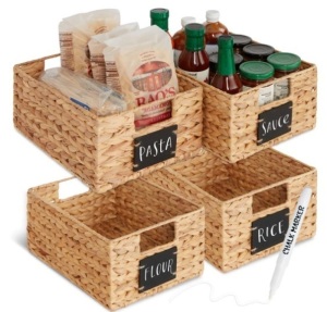 Set of 4 Water Hyacinth Pantry Baskets w/ Chalkboard, Marker - 12in, Appears New