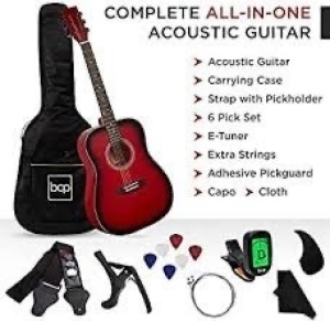 (Broken Strings) 41in Acoustic Guitar Starter Kit w/ Digital Tuner, Padded Case, Picks, Strap