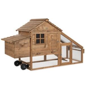 Mobile Wood Chicken Coop Tractor w/ Wheels, 2 Doors, Nest Box - 70in