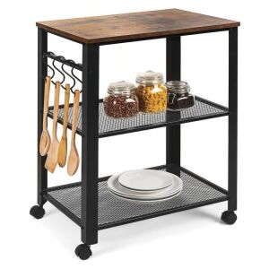 3-Tier Microwave Cart Rolling Utility Serving Cart w/ 2 Shelves, 4 Hooks