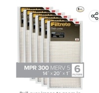 Filtrete 14x20x1, AC Furnace Air&nbsp;Filter, MPR 300, Clean LivingBasic Dust, 6-Pack (exact&nbsp;dimensions 13.81 x 19.81 x 0.81) Like New, Retail - $35.14