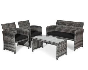 4-Piece Plastic Wicker Patio Conversation Set with Black Cushions, Appears New/Damaged Box, Retail $358.30