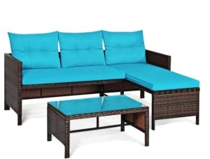 Island 3-Piece Wicker Patio Conversation Set with Turquoise Cushions, Appears New/Box Damaged, Retail 437.39