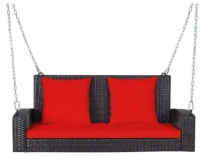 2-Person Patio Rattan Hanging Porch Swing Bench Chair Red Cushion, Appears New, Retail $263.68