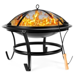 Steel Outdoor Patio Fire Pit Bowl w/ Screen Cover, Poker - 22in, Appears New