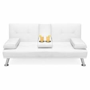 Faux Leather Upholstered Convertible Sofa Bed Futon w/ 2 Cupholders