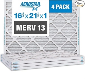 Aerostar 16 3/8x21 1/2x1 MERV 13 Pleated Air Filter, AC FurnaceAir Filter, 4 Pack (Actual Size: 16 3/8" x 21 1/2" x 3/4"), Like New, retail - $75.61