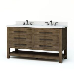 allen + roth  Kennilton 60-in Gray Oak Undermount Double Sink Bathroom Vanity with White Carrera Engineered Stone Top - Top Cracked in 2 Places & Small Scratches