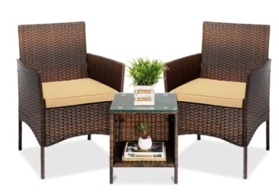 3-Piece Outdoor Patio Wicker Bistro Set w/ Side Storage Table, Brown/Tan