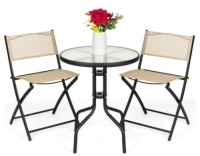 3-Piece Bistro Set w/ Glass Table, 2 Foldable Chairs, Beige