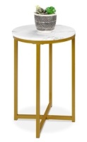 Round Coffee Side Table w/ Faux Marble Top, Metal Frame - 16in, White/Bronze Gold
