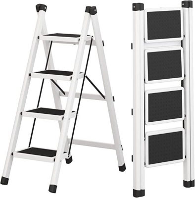 JOISCOPE 4 Step Ladder, Folding Ladder Stool with Non-Slip WideSteps, Safe and Space-Saving Step Stool, 150 lbs Sturdy Steel Ladder for Home and Kitchen, White, Like New, Retail - $62.99