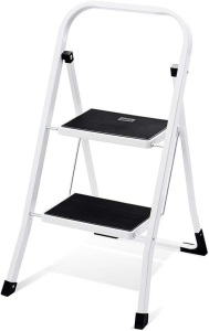 2 Step Ladder Step Stool, Sturdy Step Stools for Adults with Wide Anti- Slip Pedal, Portable Folding Step Stool with Handle, Lightweight SteelStep Ladder, 330lbs Capacity Kitchen Step Stool, White, Like New, Retail - $57.99