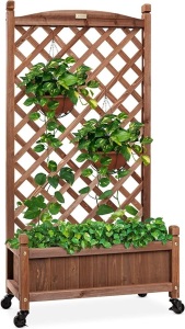 Best Choice Products 60in Wood Planter Box & DiamondLattice Trellis, Mobile Outdoor Raised Garden Bed forClimbing Plants w/Drainage Holes, Optional WheelsWalnut, Like New, Retail - $109.99