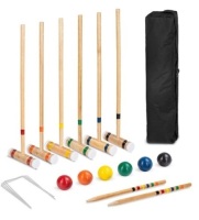 6-Player Wood Croquet Set w/ 6 Mallets, 6 Balls, Wickets, Stakes, Bag - 32in