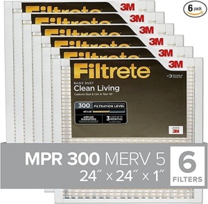 Filtrete 24x24x1, AC Furnace Air Filter, MPR 300, Clean Living Basic Dust, 6-Pack (exact dimensions 23.81 x 23.81 x 0.66), Like New, Retail - $28.33