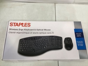 Staples, Wireless Ergo Keyboard, Optical Mouse, Untested, Appears New