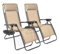 Set of 2 Adjustable Zero Gravity Patio Chair Recliners w/ Cup Holders, Sand