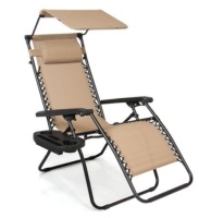 Folding Zero Gravity Recliner Patio Lounge Chair w/ Canopy, Side Tray, Beige