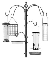 Bird Feeding Station, 6-Hook Steel Multi-Feeder Stand w/ 4 Feeders - 89in, Black