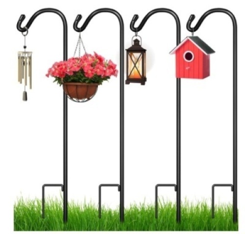 Set of 4 Shepherd Hooks Outdoor Garden Hooks w/ 2-Prong Base - 65in