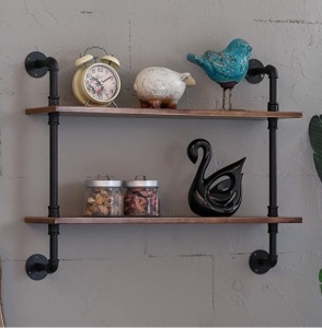 MOCOME 27.5" Industrial Pipe Shelving,Iron Pipe Shelf with Woodfor Kitchen, Wall Mounted Shelf Rustic Black Pipe Floating Shelvesfor Bathroom 2 Tier, Brown, Like New, Retail - $56.82