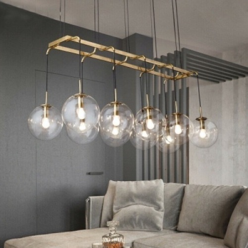 Modern Multi Light Clear Glass Chandelier Brass Globe Pendant. Appears New