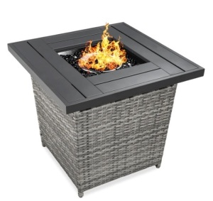 28in Fire Pit Table 50,000 BTU Wicker Propane w/ Faux Wood Tabletop, Cover, Appears New, Retail $269.99