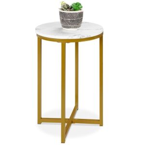 Round Coffee Side Table with Faux Marble Top - 16in, Metal Frame