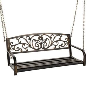 2-Person Metal Outdoor Porch Swing w/ Floral Accent, 485lb Weight Capacity