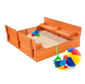 Kids Cedar Sandbox w/ Sand Screen, 2 Benches - 47x47in, Appears New