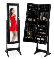 Full Length Standing Jewelry Mirror Armoire w/ Velvet Interior, Black