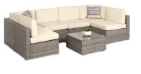 7-Piece Modular Wicker Sectional Conversation Set w/ 2 Pillows, Cover, Gray/Cream