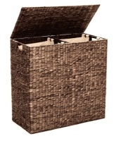 Extra Large Water Hyacinth Double Laundry Hamper Basket w/ 2 Liner Bags, Espresso