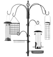 Bird Feeding Station, 6-Hook Steel Multi-Feeder Stand w/ 4 Feeders - 89in, Black