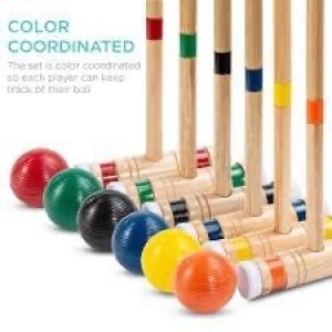 6-Player Wood Croquet Set w/ 6 Mallets, 6 Balls, Wickets, Stakes, Bag - 32in