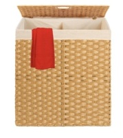 Double Laundry Hamper Basket w/ Easy Assembly, Liner Bag, Natural