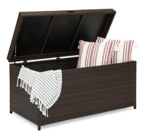 Indoor Outdoor Wicker Storage Box w/ Steel Frame, Lift-Up Top - 136 Gal, Appears New, Retail $199.99