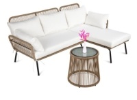 Rope Woven Sectional, L-Shape Sofa Set w/ Detachable Lounger, Table, White