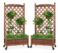 Set of 2 Wood Planter Box & Lattice Trellis w/ Optional Wheels - 48in