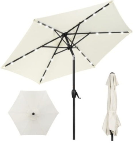 Outdoor Solar Patio Umbrella w/ Push Button Tilt, Crank Lift - 7.5ft, Cream