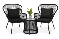 3-Piece Patio Wicker Conversation Bistro Set w/ 2 Chairs, Glass Top Table, Black
